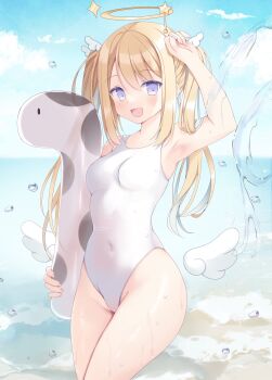 1girl :d absurdres amal-chii angel angel_wings arm_up artist_request blonde_hair blue_hair blue_sky breasts cloud colored_inner_hair commentary_request covered_navel cowboy_shot day detached_wings groin hair_ornament halo highleg highleg_one-piece_swimsuit highres holding holding_stuffed_toy horizon kirakira_production light_blush long_hair looking_at_viewer low_wings mini_wings multicolored_hair ocean one-piece_swimsuit open_mouth outdoors purple_eyes second-party_source shore sky small_breasts smile solo splashing stuffed_animal stuffed_toy swimsuit thick_thighs thighs twintails virtual_youtuber wet white_one-piece_swimsuit wing_hair_ornament wings yellow_halo