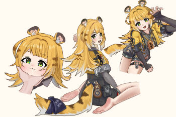 1girl 1other absurdres animal_ear_fluff animal_ears barefoot black_shorts blonde_hair blush bow claw_pose closed_mouth colored_inner_hair disembodied_hand feet green_eyes hand_on_another's_chin head_tilt high-waist_shorts highres jacket ju_fufu long_hair looking_at_viewer multicolored_hair multiple_views open_mouth shorts simple_background sitting soles striped_fur striped_hair tail tail_bow tail_ornament thigh_strap tiger_ears tiger_girl tiger_stripes tiger_tail toes tpm wariza yellow_jacket zenless_zone_zero