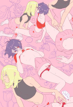 2boys bar_censor black_hair blonde_hair blue_eyes blush censored clothes_lift crop_top crossdressing crossdressing_(mtf) french_kiss gundam gundam_seed gundam_seed_destiny highres kiss kneehighs medium_hair midriff miniskirt multiple_boys multiple_views navel nipples off_shoulder panties penis pink_background pink_skirt pointless_censoring red_eyes red_panties red_shirt rey_za_burrel shinn_asuka shirt shirt_lift short_hair skirt skirt_lift small_penis socks sweat thighhighs tokumei_wombat trap underwear white_thighhighs yaoi