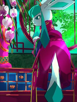 Rule 34 | animal focus, blue eyes, blue fur, bright pupils, closed mouth, clothed pokemon, dress, flower, full body, gen 4 pokemon, glaceon, glaceon (graceful), hashtag-only commentary, headdress, highres, indoors, kaguya hobby, looking at viewer, looking back, nintendo, no humans, orchid, pink flower, pokemon, pokemon (creature), pokemon unite, purple dress, purple ribbon, ribbon, sidelocks, smile, solo, standing, two-tone fur, white pupils, window