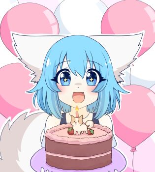 Rule 34 | + +, 1girl, ;d, animal, animal ears, balloon, birthday, blue eyes, blue hair, cake, candle, commentary, dog, english commentary, fang, figure, food, highres, indie virtual youtuber, one eye closed, open mouth, pale skin, smile, tail, thick eyelashes, too many balloons, virtual youtuber, wolf ears, wolf girl, wolf tail, wolfychu, wolfychu (artist)