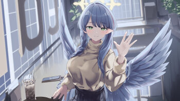 Rule 34 | 1girl, alternate costume, black skirt, blue archive, blue hair, braid, brown sweater, cellphone, coffee, feathered wings, fur trim, green eyes, hair behind ear, hair between eyes, highres, iced coffee, long hair, looking at viewer, mine (blue archive), phone, pointy ears, sidelocks, skirt, smartphone, sweater, tamagore, turtleneck, turtleneck sweater, waving hands, wings