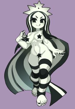 1girl :q areola_slip black_eyes black_hair breasts censored closed_mouth commentary crown english_commentary feet fingernails forehead full_body hand_up highres large_breasts long_hair looking_at_viewer multicolored_hair navel nezo novelty_censor nude purple_background simple_background smile solo star_(symbol) starbucks starbucks_siren stb-chan striped_clothes striped_thighhighs thighhighs toenails toes tongue tongue_out two-tone_hair very_long_hair