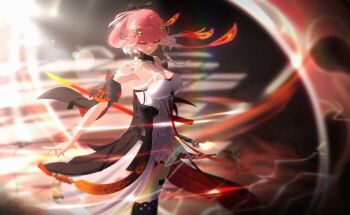 1girl bare_shoulders black_jacket body_markings braid breasts changli_(wuthering_waves) cleavage closed_eyes commentary detached_sleeves dress feather_hair hair_between_eyes hair_extensions hair_ornament holding holding_sword holding_weapon jacket large_breasts long_hair multicolored_hair pink_hair ring_hair_extensions seoc_studios short_sleeves solo sword thigh_strap thighs twin_braids two-tone_hair weapon white_dress white_hair wuthering_waves