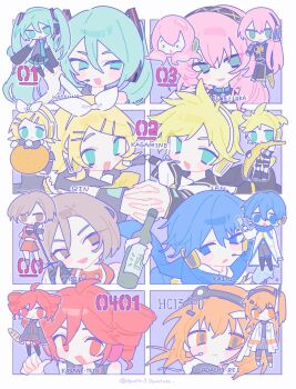 2boys 6+girls :d a.i._voice adachi_rei ahoge apu_(aputto_9) aqua_eyes aqua_hair bare_shoulders black_hairband black_sailor_collar black_shirt black_sleeves black_sweater blonde_hair blue_eyes blue_hair blue_scarf border bow bow_hairband bowtie brown_eyes brown_hair character_name chibi chibi_inset closed_mouth collared_shirt detached_sleeves double-parted_bangs drawstring drill_hair food grey_sailor_collar grey_shirt grey_sleeves hair_between_eyes hair_ornament hair_ribbon hairband hand_up hatsune_miku headphones headset high_ponytail highres holding holding_food holding_hands holding_microphone_stand holding_spring_onion holding_vegetable interlocked_fingers jacket kagamine_len kagamine_rin kaito_(vocaloid) kasane_teto kasane_teto_(utau) looking_at_viewer megurine_luka meiko_(vocaloid) microphone_stand multiple_boys multiple_girls no_pupils one_side_up open_clothes open_jacket open_mouth orange_eyes orange_hair outside_border pink_hair pointing pointing_at_self pointing_with_thumb ponytail portrait red_eyes red_hair ribbon sailor_collar scarf shirt short_ponytail short_sleeves simple_background sleeveless sleeveless_shirt smile spring_onion sweater takoluka turtleneck turtleneck_sweater twin_drills twitter_username utau vegetable vocaloid white_border white_hairband white_jacket white_ribbon white_shirt yellow_bow yellow_bowtie