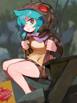 1girl absurdres barefoot brown_hoodie green_eyes green_hair highres hood hoodie kemono_friends long_hair looking_at_viewer neck_ribbon outdoors purple_ribbon raichiyo red_eyes ribbon skirt slit_pupils snake_girl solo swing tsuchinoko_(kemono_friends)