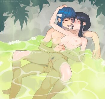 1boy 1girl affectionate bathing batterbee black_hair blue_hair blush breasts closed_eyes commission commissioner_upload couple female_pubic_hair fire_emblem fire_emblem:_genealogy_of_the_holy_war french_kiss girl_on_top hetero highres holding_hands hug kiss larcei_(fire_emblem) medium_breasts mixed-sex_bathing navel nintendo nipples nude onsen outdoors partially_submerged penis pubic_hair pussy saliva saliva_trail seliph_(fire_emblem) sex shared_bathing short_hair small_breasts spread_legs steam testicles uncensored vaginal water