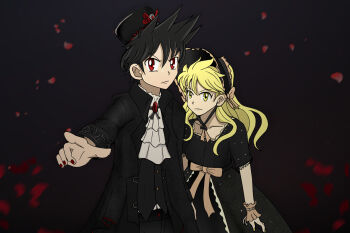 1boy 1girl ahoge alternate_costume alternate_hairstyle arms_at_sides black_coat black_dress black_hair blonde_hair coat collarbone curled_fingers dark_background dress eyelashes falling_petals fingernails flat_chest goth_fashion hair_down hair_ornament highres long_hair long_sleeves looking_at_viewer nail_polish neckerchief nintendo outstretched_arm petals pointing pointing_at_viewer pokemon pokemon_adventures purrrloin red_(pokemon) red_eyes red_nails serious short_hair short_sleeves sidelocks spiked_hair standing wavy_hair wrist_cuffs yellow_(pokemon) yellow_eyes