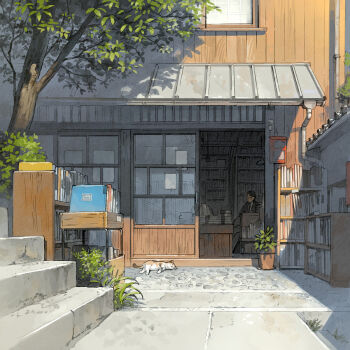 1boy awning book book_stack bookshelf bookstore box cat ceiling_light desk drainpipe glasses highres indoors lying mature_male on_side original outdoors plant potted_plant shop sliding_doors stairs tree wooden_door wooden_wall yoshida_seiji