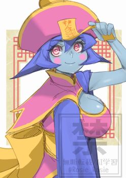 1girl blue_hair blue_skin blush_stickers breasts character_request china_dress chinese_clothes cleavage cleavage_cutout clothing_cutout colored_skin darkstalkers dress from_side jiangshi large_breasts looking_at_viewer ofuda pink_dress purple_eyes rosie_rosie short_hair smile solo upper_body watermark