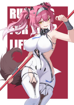 1girl absurdres alternate_breast_size_(larger) black_bow bodysuit border bow breasts collar commentary fingernails gradient_hair hair_bow hairband hand_up headgear highres large_breasts long_hair looking_at_viewer lupa_(wuthering_waves) metal_collar metal_hairband multicolored_hair multiple_hair_bows open_mouth pink_hair red_background smile solo symbol-only_commentary tacet_mark_(wuthering_waves) tail tenjou_sora twintails white_bodysuit white_border wolf_tail wrist_guards wuthering_waves yellow_eyes