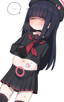 1girl beret black_choker black_hair black_hat black_sailor_collar black_serafuku black_skirt black_thighhighs blue_archive choker closed_eyes cowboy_shot halo hat highres justice_task_force_member_(blue_archive) lakilolom loli long_hair long_sleeves navel neckerchief pleated_skirt pregnancy_halo pregnant red_halo red_neckerchief sailor_collar school_uniform serafuku simple_background skirt solo thighhighs white_background