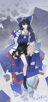 1girl absurdres adapted_costume alternate_color artist_name ascot black_boots black_hair black_skirt blue_bow blue_eyes boots bow closed_mouth commentary detached_sleeves frilled_bow frilled_hair_tubes frills hair_bow hair_tubes hakurei_reimu highres lace-up_boots looking_at_viewer ribbon-trimmed_sleeves ribbon_trim rubik's_cube skirt smile solo toast13 touhou yellow_ascot