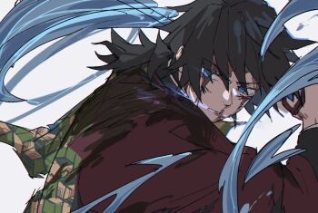 Rule 34 | 1boy, black hair, black jacket, blood, blood on face, blue eyes, demon slayer uniform, haori, high collar, holding, holding sword, holding weapon, jacket, japanese clothes, katana, kikkoumon, kimetsu no yaiba, long hair, low ponytail, male focus, parted lips, ponytail, print haori, red haori, solo, spiked hair, sword, teeth, tomioka giyuu, torn clothes, upper body, water, weapon, white background, xarhiwi
