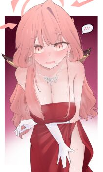 1girl arm_under_breasts aru_(blue_archive) aru_(dress)_(blue_archive) bare_shoulders blue_archive blush breasts cleavage commentary demon_horns dress earrings elbow_gloves gloves hair_between_eyes halo highres horns huge_breasts jewelry leaning_forward lipton8811 long_hair looking_at_viewer necklace official_alternate_costume pink_eyes pink_hair pink_halo red_dress side_slit single_sidelock solo speech_bubble spoken_blush strapless strapless_dress sweatdrop wavy_mouth white_gloves