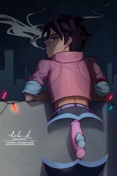 1girl against_railing anal anal_object_insertion ass balcony butt_plug christmas_lights cigarette cropped_jacket dark-skinned_female dark_skin dildo dispatch doktor_malefic double_penetration face_piercing from_behind highres invisigal_(dispatch) jacket looking_at_viewer looking_back night nose_piercing nose_ring nostril_piercing object_insertion partially_invisible piercing pink_jacket railing sex_toy short_hair sky smoke smoking solo star_(sky) starry_sky vaginal vaginal_object_insertion