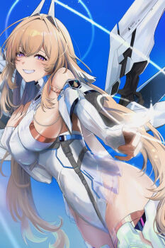 1girl bare_shoulders blush breasts brown_hair chaos_zero_nightmare commentary covered_navel cowboy_shot detached_sleeves grin hair_between_eyes halo horns index_finger_raised large_breasts leg_armor leotard long_hair looking_at_viewer mechanical_horns mechanical_wings no_mole purple_eyes sereniel_(chaos_zero_nightmare) sideboob sidelocks smile solo standing teeth thighhighs toase15a very_long_hair white_leotard white_sleeves wings