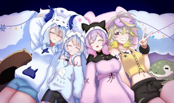 absurdres animal_hood black_shorts blonde_hair blue_hair blue_shorts breasts closed_eyes commentary der_zweite english_commentary glitch_stars grey_hair highres hiiragi_emuri hood mask mask_on_head mogughost_(vtuber) multicolored_hair navel nova_aokami purple_hair shorts sleep_mask sleeping streaked_hair sunny_splosion v virtual_youtuber zzz