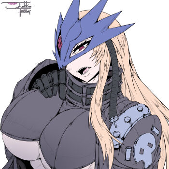 1girl absurdres artist_name beelstarmon black_coat black_gloves blonde_hair blue_mask breasts coat commentary digimon digimon_(creature) english_commentary engrish_commentary eye_mask gloves highres junkk_factory large_breasts long_hair looking_at_viewer mask open_clothes open_coat open_mouth portrait ringed_eyes sharp_teeth signature simple_background solo teeth third_eye underboob white_background