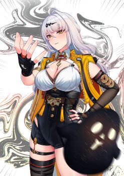1girl absurdres black_gloves black_shorts black_thighhighs blush breasts cleavage closed_mouth collared_shirt commentary cruzvu english_commentary fingerless_gloves gloves hair_ornament hand_on_own_hip high-waist_shorts highres jacket large_breasts long_hair looking_at_viewer meme open_clothes open_jacket orange_jacket shirt shirt_tucked_in shorts single_thighhigh skindentation smile solo thigh_strap thighhighs thighs throwing white_hair white_shirt woe_plague_be_upon_ye_(meme) yellow_eyes yixuan_(zenless_zone_zero) zenless_zone_zero