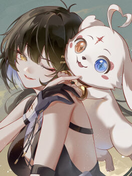 1girl abby_(wuthering_waves) absurdres bare_shoulders black_gloves black_hair blue_eyes breasts chigusa7h colored_inner_hair commentary cross-laced_clothes cross-laced_top female_rover_(wuthering_waves) fingernails gloves hair_ornament hairclip heterochromia highres large_breasts long_hair multicolored_hair one_eye_closed orange_eyes outdoors parallel_hairclips parted_lips partially_fingerless_gloves rover_(wuthering_waves) smile tacet_mark_(wuthering_waves) white_hair wuthering_waves yellow_eyes