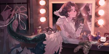 1girl 1other absurdres anjo_nala black_hair black_shoes black_skirt bottle clothes_rack coif corset dress dressing_room from_side glance_neon gloves green_gloves green_tail hand_up hat highres indoors jewelry jewelry_box leg_up lizard_tail long_hair looking_at_viewer marquee_lights mirror neckerchief necklace perfume_bottle purple_eyes reverse:1999 shirt shoes skirt smile striped_clothes striped_shirt table tail unworn_dress unworn_jewelry unworn_necklace upper_body vanity_table vertical-striped_clothes vertical-striped_shirt watermark white_corset white_hat white_neckerchief white_shirt