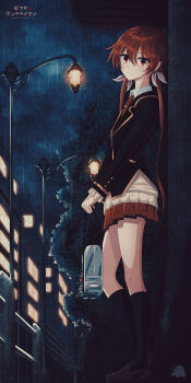 black_socks blouse blush brown_shoes closed_mouth collared_shirt copyright_name critter100 english_text from_side hair_between_eyes hair_ribbon head_tilt highres joukamachi_no_dandelion kneehighs lamppost long_hair looking_at_viewer necktie outdoors rain red_eyes red_hair red_necktie red_skirt revision ribbon sakurada_akane shirt shoes skirt smile socks solo twintails very_long_hair wet wet_hair white_ribbon white_shirt