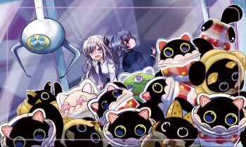 2girls ahoge animal-themed_food animal_ears black_necktie blonde_hair blush cat cat_ears cat_paw cat_tail collared_shirt cookie_print cooky_yummy crane_game cupsie_yummy duel_monster food-themed_creature food_print glass grey_hair hair_ornament highres long_hair long_sleeves multiple_girls necktie open_mouth shirt sidelocks sky_striker_ace_-_raye sky_striker_ace_-_roze tail tanizawa_petit tearing_up yu-gi-oh! yummy_snatchy