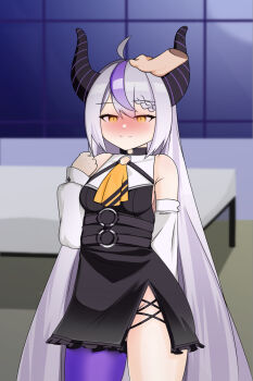 1girl absurdres ahoge armpit_crease asymmetrical_legwear blush braid braided_bangs breasts choker detached_sleeves dress embarrassed gluteal_fold halterneck hand_on_another&#039;s_head hand_up headpat highres hololive horns la+_darknesss long_hair o-ring o-ring_choker purple_hair side_slit small_breasts smile spookm standing thighhighs thighs very_long_hair white_hair yellow_eyes