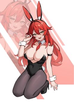 1girl :d absurdres alternate_costume animal_ear_hairband animal_ears antenna_hair arm_strap bare_shoulders black_leotard black_pantyhose black_shoes breasts cleavage collarbone commentary covered_navel detached_collar double-parted_bangs fake_animal_ears fake_tail fang full_body goddess_of_victory:_nikke hair_between_eyes hair_flaps hair_intakes hairband hand_up high_heels highleg highleg_leotard highres kneeling large_breasts leotard long_hair looking_at_viewer necktie open_mouth pantyhose playboy_bunny rabbit_ear_hairband rabbit_ears rabbit_tail red_hair red_hood_(nikke) red_necktie shidiancijianongpao shoes short_necktie sidelocks skin_fang skindentation smile solo strapless strapless_leotard tail white_background white_wrist_cuffs wrist_cuffs yellow_eyes zoom_layer