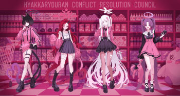 4girls absurdres alternate_costume alternate_hairstyle animal_ears bag bag_of_chips bandaged_leg bandages bandaid bandaid_on_knee bandaid_on_leg black_horns blue_archive blue_halo blush boots bottle cat_ears cat_girl cat_tail commentary_request convenience_store cookie detergent dragon_horn dragon_tail english_text food halo handbag high_heel_boots high_heels highres holding holding_bag holding_stuffed_toy horns hyakkaryouran_(blue_archive) jirai_kei kikyou_(blue_archive) lace-up_boots long_hair mask mouth_mask multiple_girls multiple_tails nagusa_(blue_archive) peroro_(blue_archive) red_halo red_tail renge_(blue_archive) shelf shop shopping_cart single_horn snowflake_halo soap_bottle stuffed_animal stuffed_rabbit stuffed_toy sxrxri_a tail twintails two_tails yukari_(blue_archive)