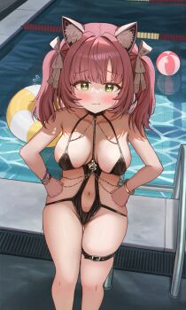 1girl absurdres animal_ears azur_lane ball beachball belt black_belt blush bow breasts cleavage commentary_request commission cosplay frown green_eyes groin hair_bow hands_on_own_hips highres hip_focus innertube khan_0204 leaning_forward looking_at_viewer medium_breasts medium_hair mogador_(azur_lane) mogador_(azur_lane)_(cosplay) mogador_(locker_room_lechery)_(azur_lane) navel pink_hair pixiv_commission pool pout shiratsuyu_(azur_lane) shiratsuyu_(retrofit)_(azur_lane) solo standing swim_ring swimsuit thigh_belt thigh_strap thighs twintails white_bow