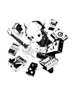 11e_(yuu) 1girl animal_hat cat_hat closed_mouth coat effects_pedal electric_guitar fang guitar hat headphones highres holding holding_guitar holding_instrument instrument long_sleeves looking_at_viewer original shoes short_hair solo wing_hat_ornament