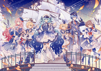 2boys 4girls aqua_eyes aqua_hair bird blonde_hair blue_eyes boat bow bowtie brown_hair closed_mouth commentary_request commission dress hat hatsune_miku highres holding holding_instrument holding_telescope instrument kagamine_len kagamine_rin kaito_(vocaloid) looking_at_viewer megurine_luka meiko_(vocaloid) multiple_boys multiple_girls one_eye_closed open_mouth outstretched_arm pigeon pink_eyes pink_hair purple_hair red_bow red_bowtie sailboat sky standing star_(sky) starry_sky telescope vocaloid watercraft z6
