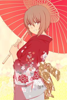 1girl back_bow bow brown_eyes brown_hair clenched_teeth commentary_request floral_print floral_print_bow floral_print_kimono girls_und_panzer gradient_background gradient_clothes gradient_kimono highres holding holding_umbrella japanese_clothes kimono looking_at_viewer new_year nishizumi_maho print_kimono red_kimono red_umbrella short_hair smile solo teeth two_draw umbrella yellow_bow
