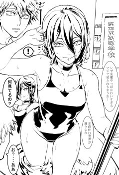 ! 1boy 1girl breasts chainsaw_man closed_mouth commentary_request denji_(chainsaw_man) hair_between_eyes hair_bun highleg highleg_one-piece_swimsuit highres kiserenntarou_(moromoro) medium_breasts one-piece_swimsuit pool reze_(chainsaw_man) sharp_teeth short_hair smile speech_bubble spoken_exclamation_mark swimsuit teeth translation_request wet