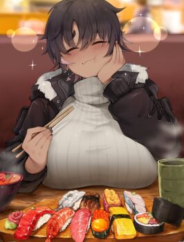 1girl black_hair black_jacket black_nails bon_(vtuber) bowl breast_rest breasts breasts_on_table chopsticks closed_eyes closed_mouth cup dark-skinned_female dark_skin earrings fish_skeleton_earrings food fur-trimmed_jacket fur_trim grey_sweater gurenola hand_on_own_cheek hand_on_own_face highres holding holding_chopsticks indie_virtual_youtuber jacket jewelry large_breasts multicolored_hair open_clothes open_jacket pink_hair ribbed_sweater solo sparkle streaked_hair sushi sweater virtual_youtuber