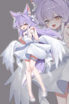 1girl :d absurdres animal_ear_fluff animal_ears arm_strap blue_eyes breasts brown_eyes clenched_hands dress eggduck0530 fox_ears fox_girl fox_tail full_body grey_background hair_rings hands_up hashtag-only_commentary heterochromia highres long_hair looking_at_viewer mary_janes medium_breasts multicolored_hair no_bra open_mouth paw_pose purple_hair shoes short_dress sideless_dress smile solo stellive streaked_hair tail tenko_shibuki thigh_strap virtual_youtuber white_dress white_shoes white_wings wings zoom_layer