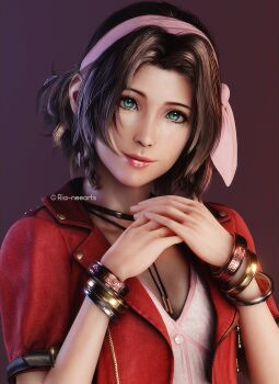 1girl 3d aerith_gainsborough bracelet breasts brown_background brown_hair choker dress final_fantasy final_fantasy_vii final_fantasy_vii_remake green_eyes hairband highres jacket jewelry lips medium_breasts necklace own_hands_together parted_bangs pink_dress red_jacket ria-neearts short_hair solo square_enix upper_body