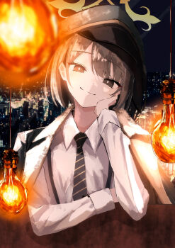 1girl black_jacket black_necktie blue_archive brown_eyes brown_hair cityscape closed_mouth collared_shirt commentary_request diagonal-striped_clothes diagonal-striped_necktie grey_hat hat head_tilt heterochromia highres hiromi_(blue_archive) jacket jacket_on_shoulders light_bulb long_sleeves looking_at_viewer necktie night obake_(amimonoobake) peaked_cap shirt sky smile solo striped_clothes white_shirt