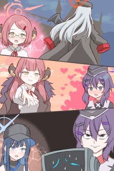 1other 3koma 4girls :o android aru_(blue_archive) aru_(young)_(blue_archive) baseball_cap black_hair blue_archive blue_eyes blunt_bangs blurry blush bow bowtie coat coat_on_shoulders collared_shirt comic commentary_request demon_girl demon_horns demon_wings depth_of_field from_behind fur-trimmed_coat fur_trim glasses gloves grey_hair hair_between_eyes hair_ornament hairclip halo haruka_(blue_archive) haruna_(blue_archive) hat heart heart_background highres horns hostage long_hair long_sleeves meme military military_hat military_uniform multicolored_hair multiple_girls parted_lips purple_eyes purple_hair reaching reaching_towards_viewer red_hair saori_(blue_archive) school_uniform shirt short_hair short_hair_with_long_locks sidelocks silent_comic simple_background single_wing sleeveless smile sparkle surprised_pikachu_(meme) sweatdrop tififox two-tone_hair white_gloves wings yellow_eyes