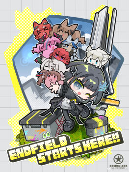 1boy 6+girls absurdres akekuri_(arknights) angelina_(arknights) arclight_(arknights) ardelia_(arknights) arknights arknights:_endfield black_coat black_hair blue_eyes chibi chibi_only chinese_commentary coat commentary_request dog-san endministrator_(arknights) eyjafjalla_(arknights) female_endministrator_(arknights) full_body gilberta_(arknights) hellagur_(arknights) highres laevatain_(arknights) logo looking_at_viewer multiple_girls one_eye_closed open_clothes open_coat perlica_(arknights) pogranichnik_(arknights) short_hair surtr_(arknights) sweater watermark weibo_username weibo_watermark yvonne_(arknights)
