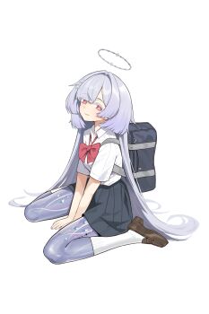 1girl absurdres bag black_skirt bow bowtie breasts brown_shoes closed_mouth colored_eyelashes commentary dang_geun23283 grey_hair halo highres loafers long_hair looking_at_viewer medium_breasts mornye_(wuthering_waves) red_bow red_bowtie red_eyes school_bag see-through_body shirt shoes simple_background sitting skirt smile socks solo tacet_mark_(wuthering_waves) wariza white_background white_shirt white_socks wuthering_waves