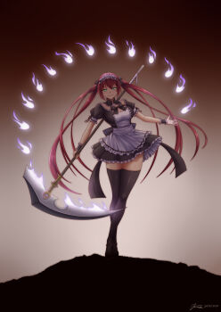 Rule 34 | 1girl, airi (queen's blade), airi (the infernal temptress), apron, black dress, black thighhighs, blush, breasts, dress, frilled apron, frills, green eyes, highres, kkkowy0913, long hair, looking at viewer, maid, maid apron, maid headdress, medium breasts, puffy short sleeves, puffy sleeves, queen's blade, red hair, scythe, shiny skin, short sleeves, solo, spirit, standing, thighhighs, twintails, waist apron, white apron, wrist cuffs