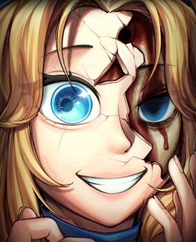 1girl blonde_hair blood blood_on_face blue_eyes broken_mask bullet_hole commentary cracked_kawaii_mask cracked_mask death english_commentary highres kiioki11 maria_robotnik mask portrait solo sonic_(series) sonic_adventure_2