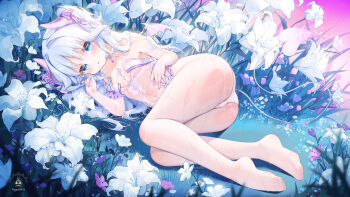 1girl artist_logo artist_name bare_shoulders blue_eyes blush bodystocking breasts cameltoe choker demon_girl demon_horns demon_tail demon_wings elbow_gloves flower flower_request gloves hair_ribbon highres horns jewelry logo long_hair lying mini_wings navel on_side original outdoors panties parted_lips pendant pendant_choker pink_horns pink_ribbon pink_wings purple_ribbon ribbon ribbon_as_bra sample_watermark see-through_bodystocking see-through_clothes see-through_gloves small_breasts solo suaynnai_wanzi tail underwear watermark wet wet_clothes white_choker white_flower white_hair white_panties white_ribbon wings