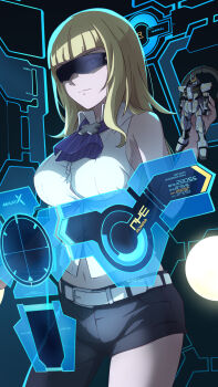 1girl ascot asymmetrical_clothes bare_shoulders belt black_pants blonde_hair blue_ascot blunt_bangs breasts closed_mouth collared_shirt commentary_request covered_erect_nipples cowboy_shot green_eyes groin gundam gundam_build_fighters gundam_build_fighters_try gundam_stargazer gunpla heads-up_display highres holding lady_kawaguchi laofuzi_dai_bansho large_breasts long_hair looking_at_viewer midriff model_kit navel pants redrawn shirt sidelocks single_pantsleg sleeveless sleeveless_shirt solo standing sunglasses user_interface white_belt white_shirt