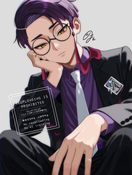 1boy black_jacket black_pants closed_mouth collared_shirt corbeau_(pokemon) eyewear_strap glasses grey_background highres jacket male_focus necktie nintendo nnntuume pants pokemon pokemon_legends:_z-a purple_hair purple_shirt round_eyewear shirt short_hair signature simple_background sitting solo white_necktie yellow_eyes
