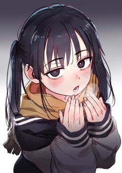 1girl black_eyes black_hair black_jacket blush breath brown_scarf commentary_request danny_cho gradient_background hands_up highres jacket long_hair long_sleeves looking_at_viewer open_mouth original scarf solo twintails upper_body white_background