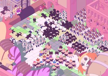 5girls 6+boys animal artist_name artist_self-insert back black_hat black_suit blonde_hair chibi child chimney_(one_piece) clima-tact commentary formal_clothes frog giant gomorrah_(one_piece) gonbe_(one_piece) green_hair gun hair_over_one_eye hat highres holding holding_gun holding_staff holding_sword holding_weapon isometric kief_(one_piece) kiwi_(one_piece) kokoro_(one_piece) kop_(one_piece) lv5plant marine_uniform_(one_piece) mos_(one_piece) multiple_boys multiple_girls nami_(one_piece) nami_(one_piece)_(enies_lobby) oimo_(one_piece) one_piece orange_hair paulie_(one_piece) peeply_lulu pink_hat rabbit roronoa_zoro sanji_(one_piece) scar scar_on_chest siblings sisters sodom_(one_piece) sogeking staff suit sword tamagon_(one_piece) tilestone_(one_piece) tony_tony_chopper topless_male usopp weapon yokozuna_(one_piece) zambai